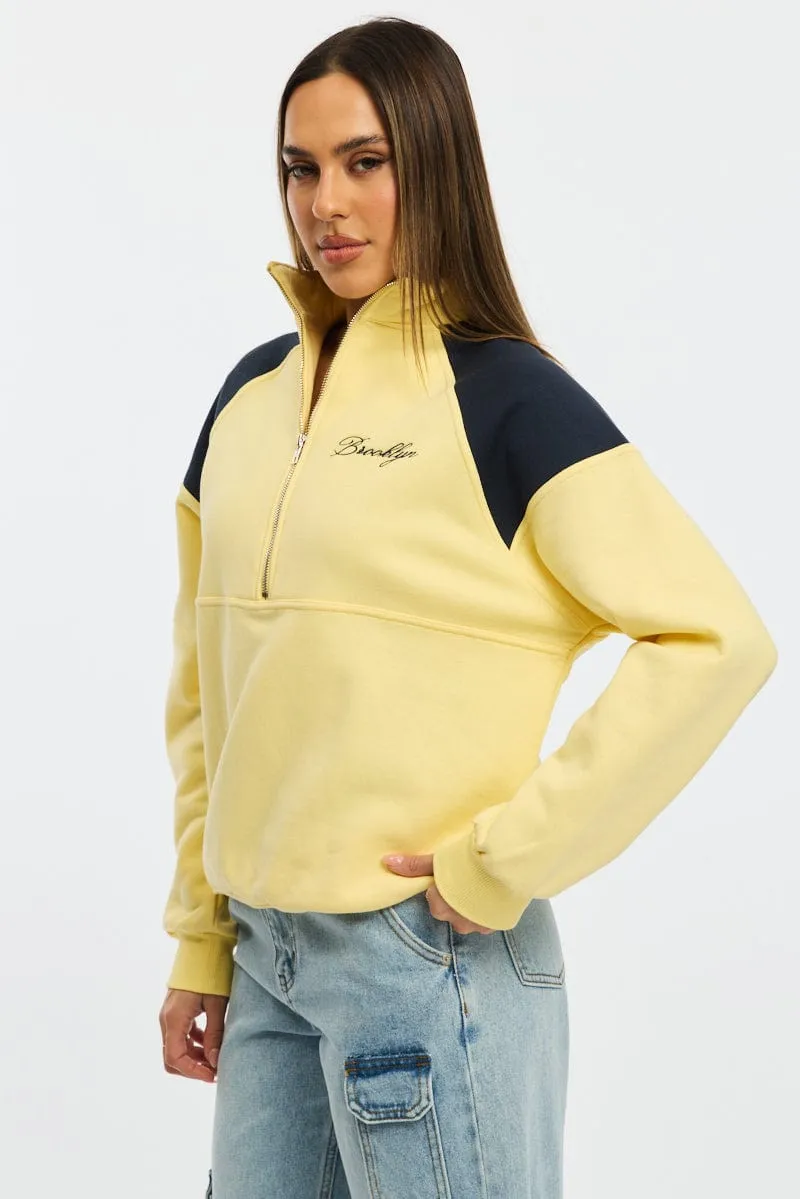 Street Sporty Soft Touch Fabric Yellow Zip Sweater Funnel Neck Oversized