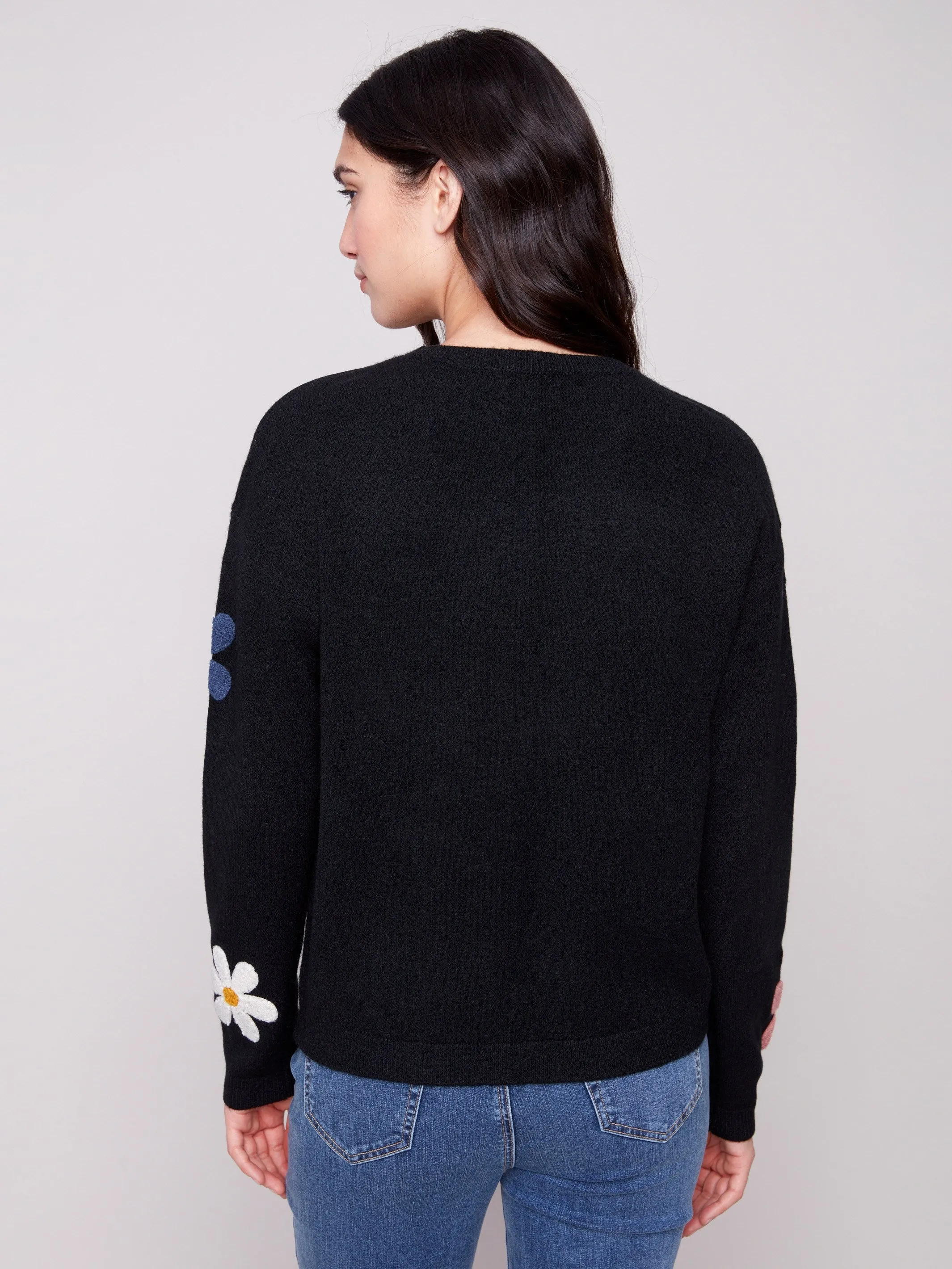 Versatile Layering Piece Low Maintenance Fabric Plush Sweater with Boucle Flowers - Black