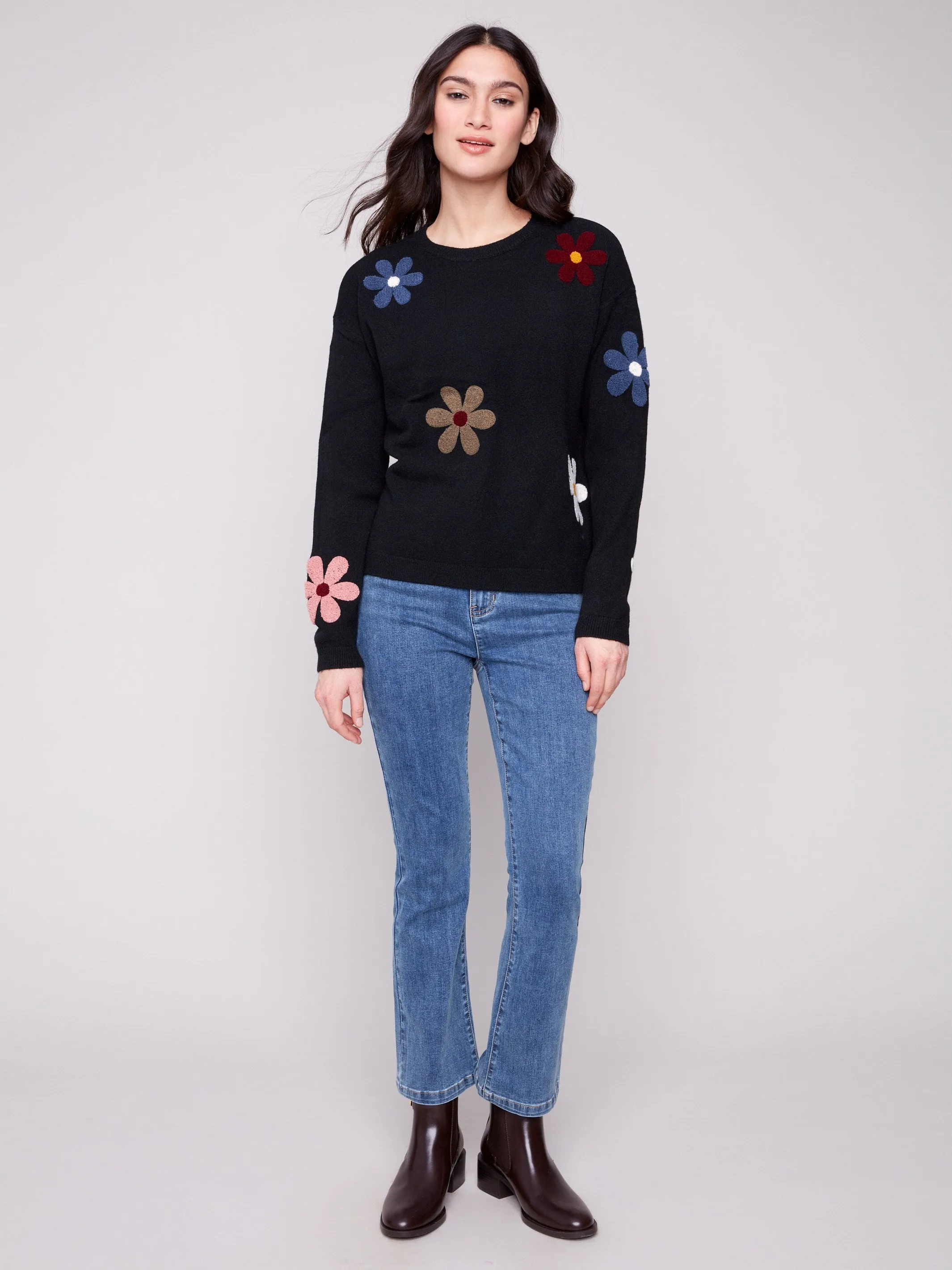 Eco Conscious Packaging Smart Layers Plush Sweater with Boucle Flowers - Black