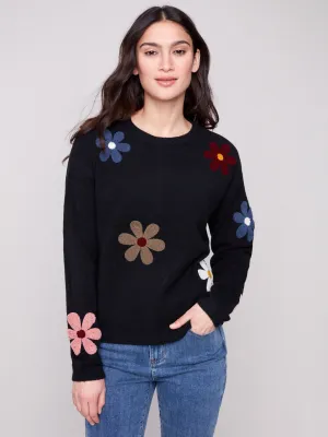 Snuggly Knitwear Cold Weather Knitwear Plush Sweater with Boucle Flowers - Black