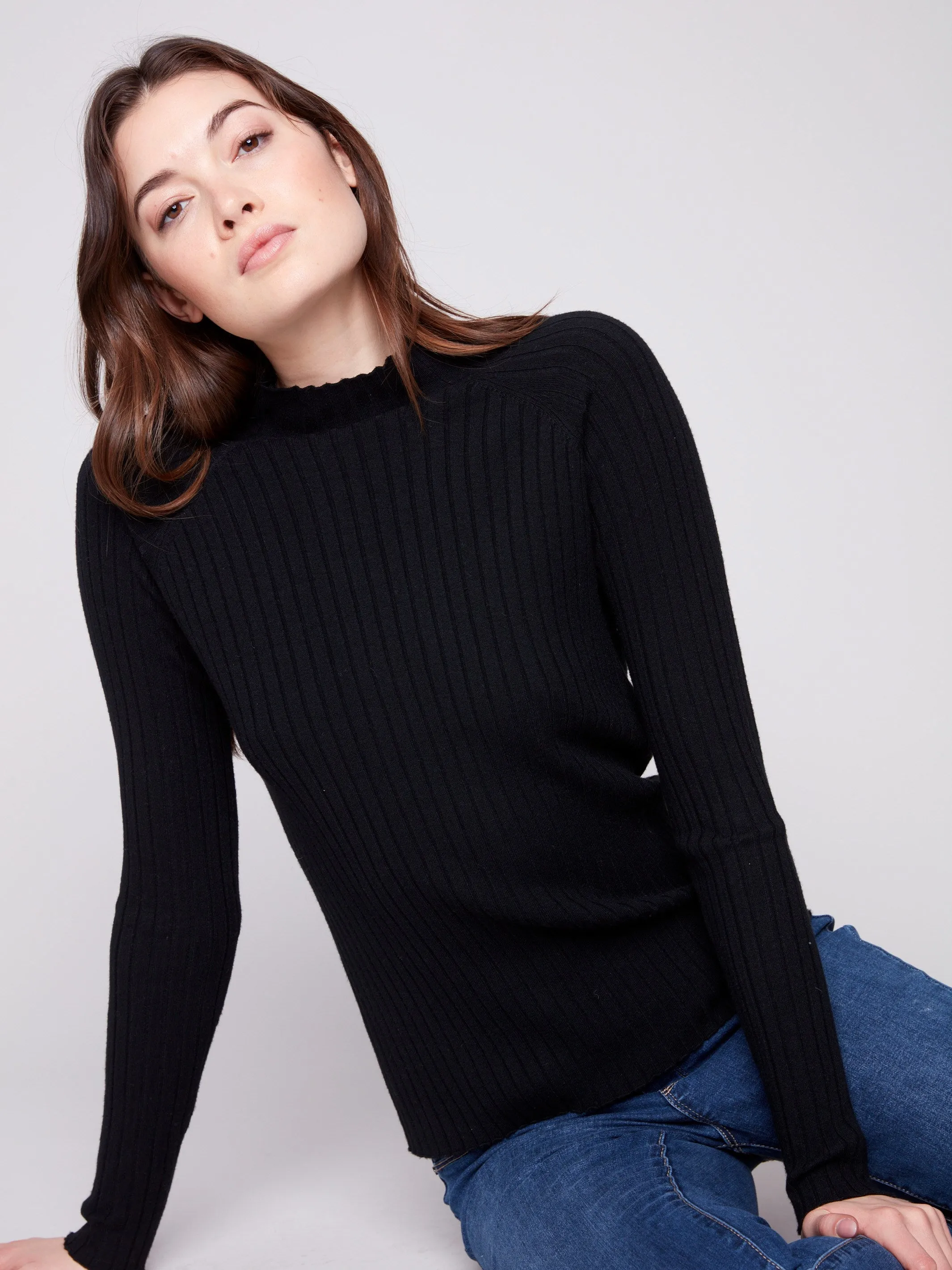 Casual Fit Modern Knitwear Ribbed Knit Mock Neck Sweater - Black