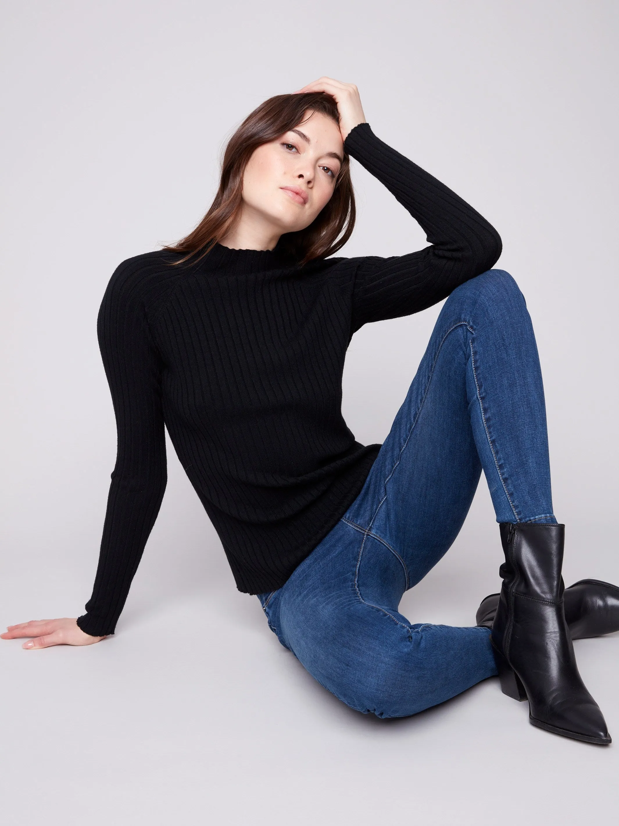 Low Impact Production Ribbed Knit Mock Neck Sweater - Black