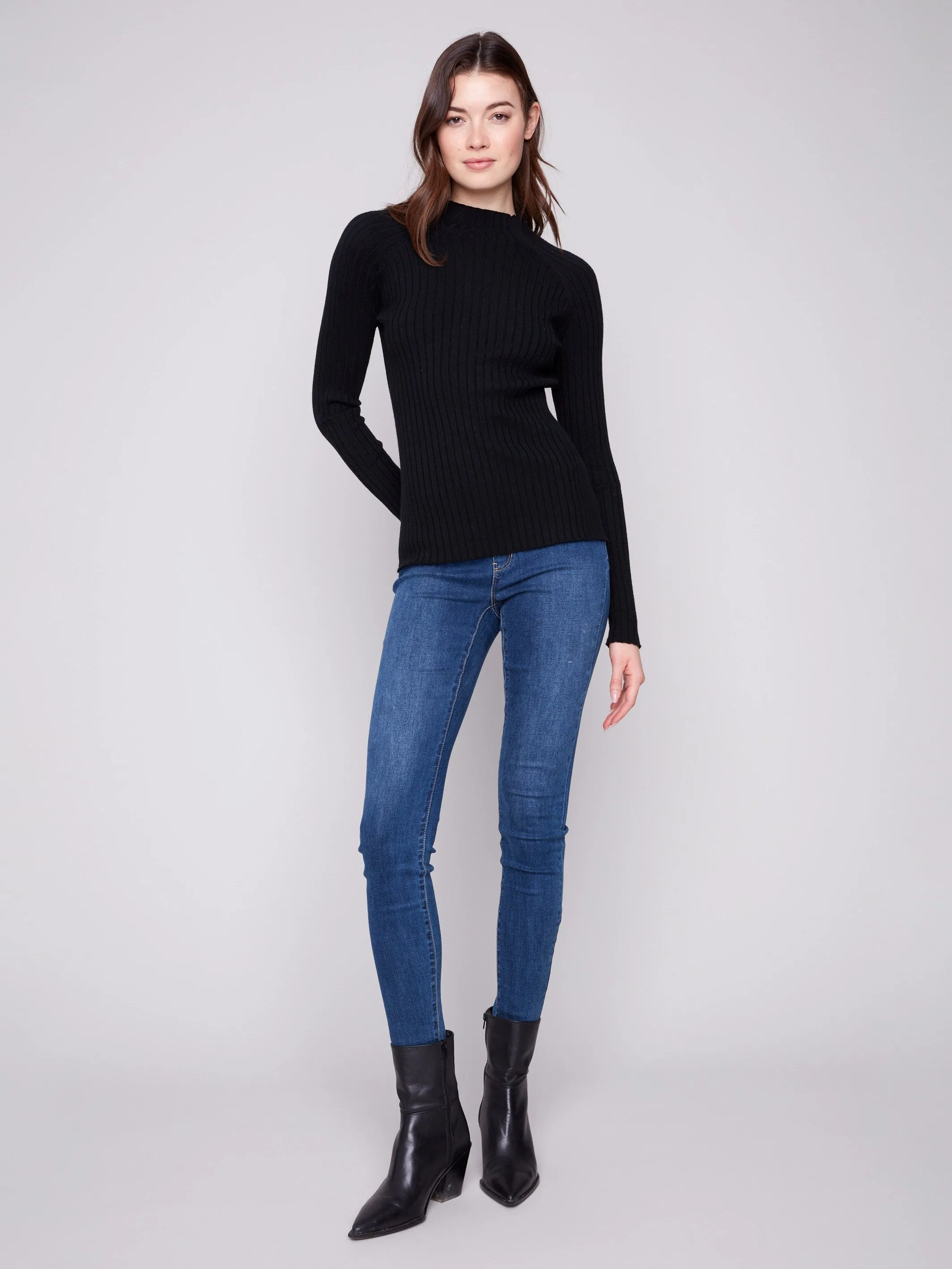 Casual Fashion Chilly Wardrobe Ribbed Knit Mock Neck Sweater - Black