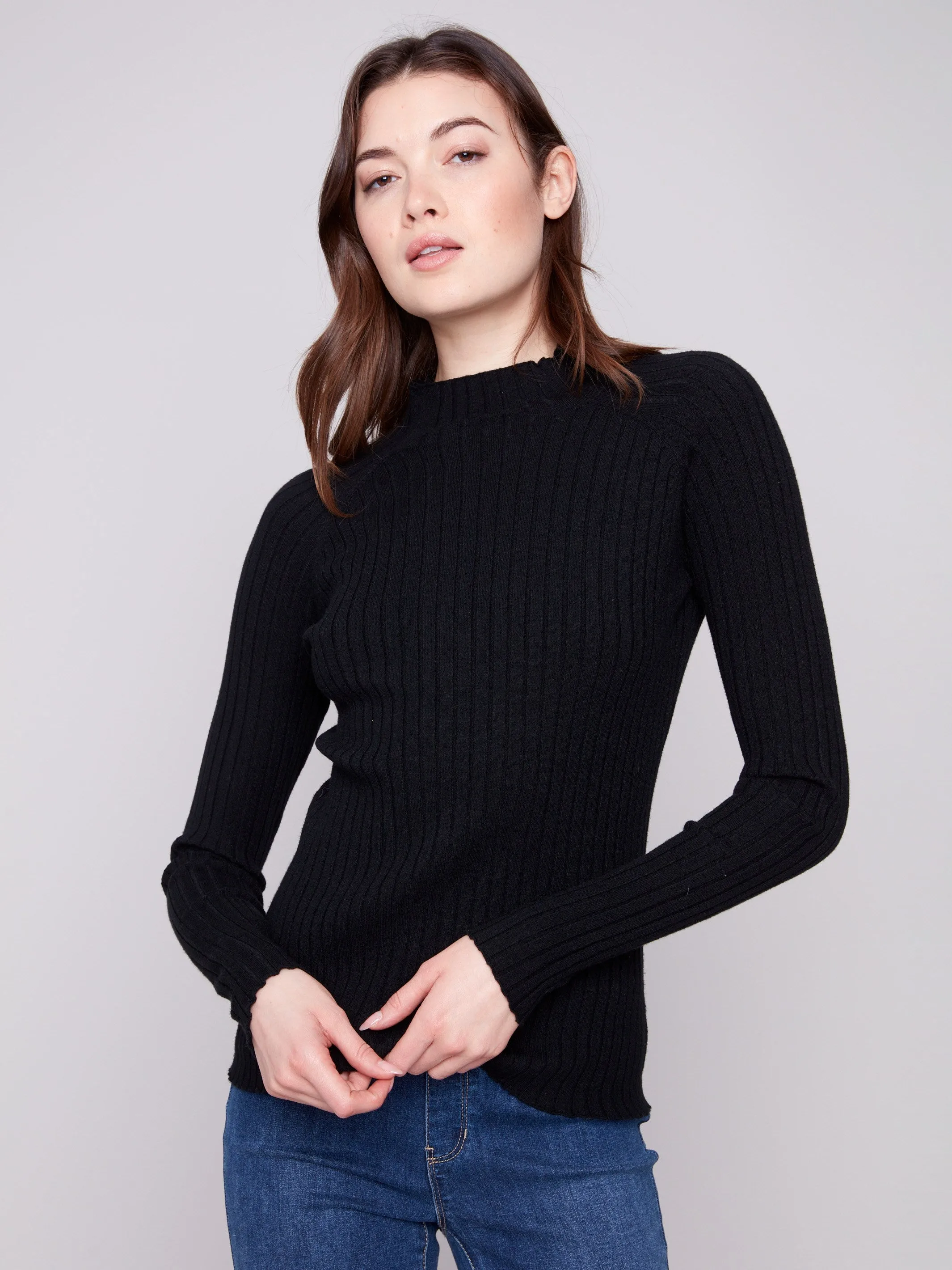 Ribbed Knit Mock Neck Sweater - Black Effortless Style