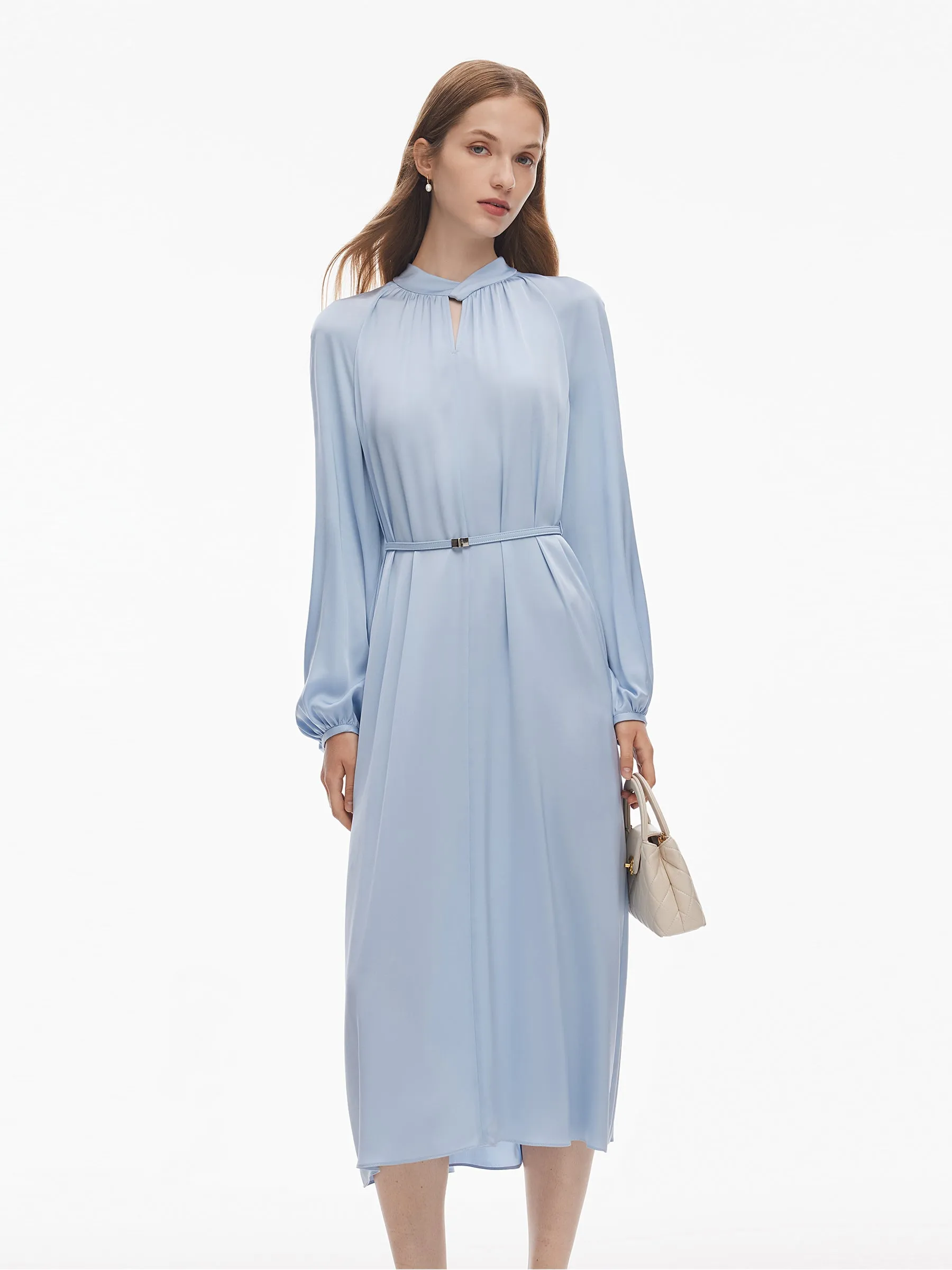 TearResistant 22MM Mulberry Silk Women Long Sleeve Maxi Dress With Belt