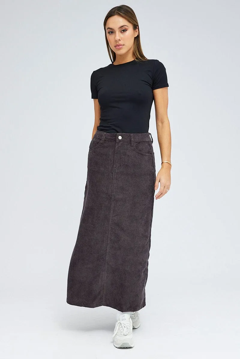 Minimalist Trim Glossy Texture Black Maxi Skirt High Rise A-line Corduroy