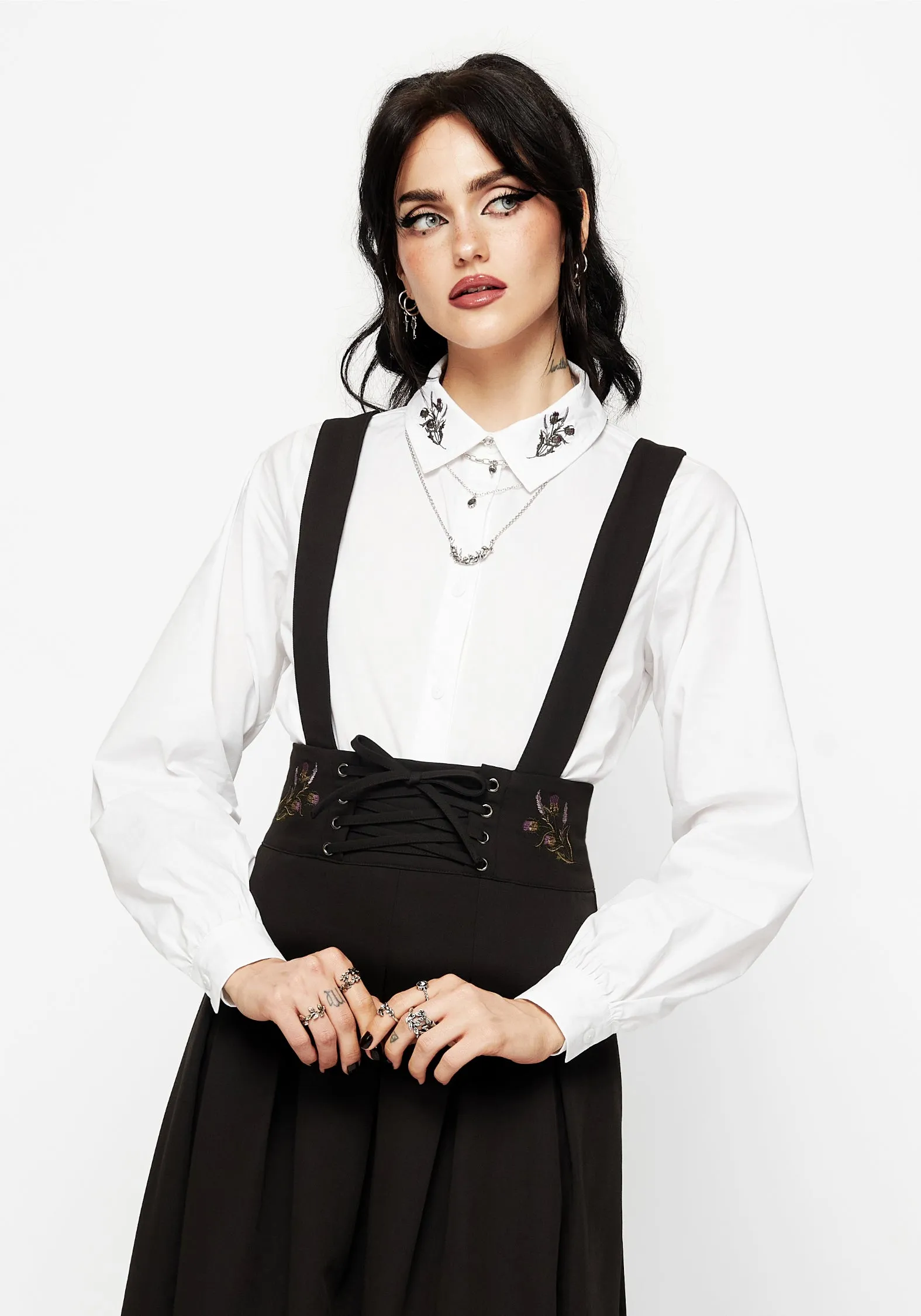 Despair Thistle Embroidered Tailored Pleated Pinafore Midi Skirt Sleek Flow