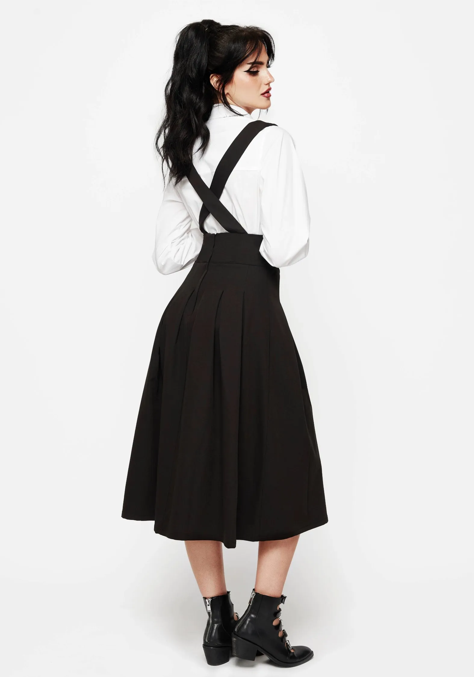 Despair Thistle Embroidered Tailored Pleated Pinafore Midi Skirt Light Outfit