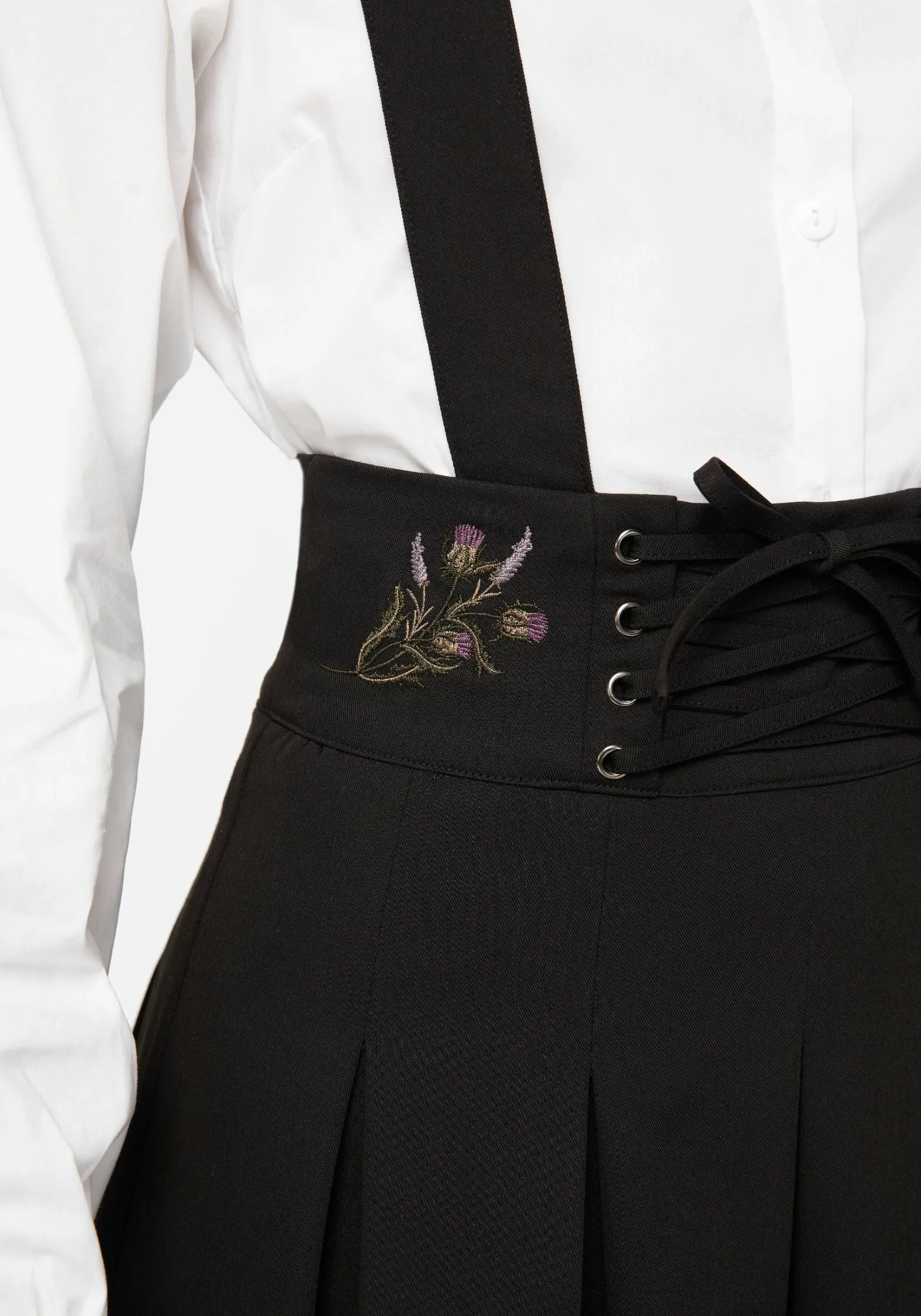 Contemporary Brand Despair Thistle Embroidered Tailored Pleated Pinafore Midi Skirt