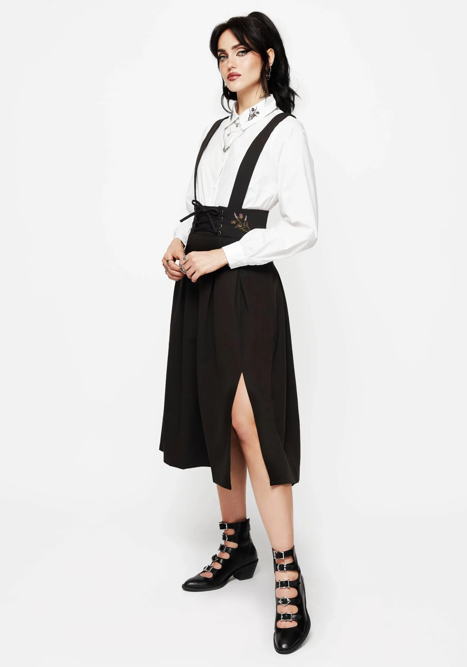 Outfit Ideas Local Artisan Despair Thistle Embroidered Tailored Pleated Pinafore Midi Skirt