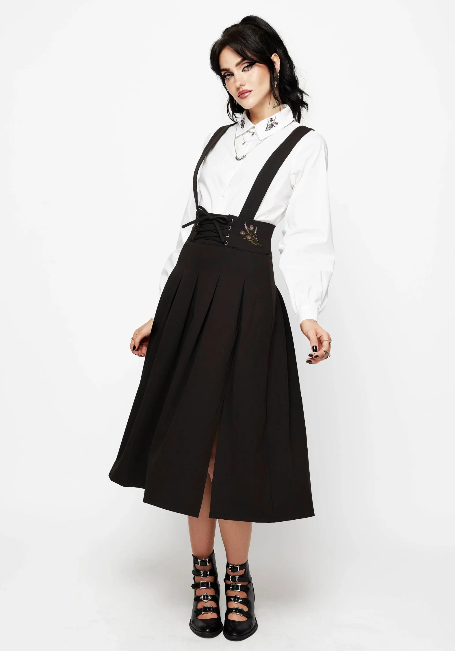 Despair Thistle Embroidered Tailored Pleated Pinafore Midi Skirt Daily Favorite