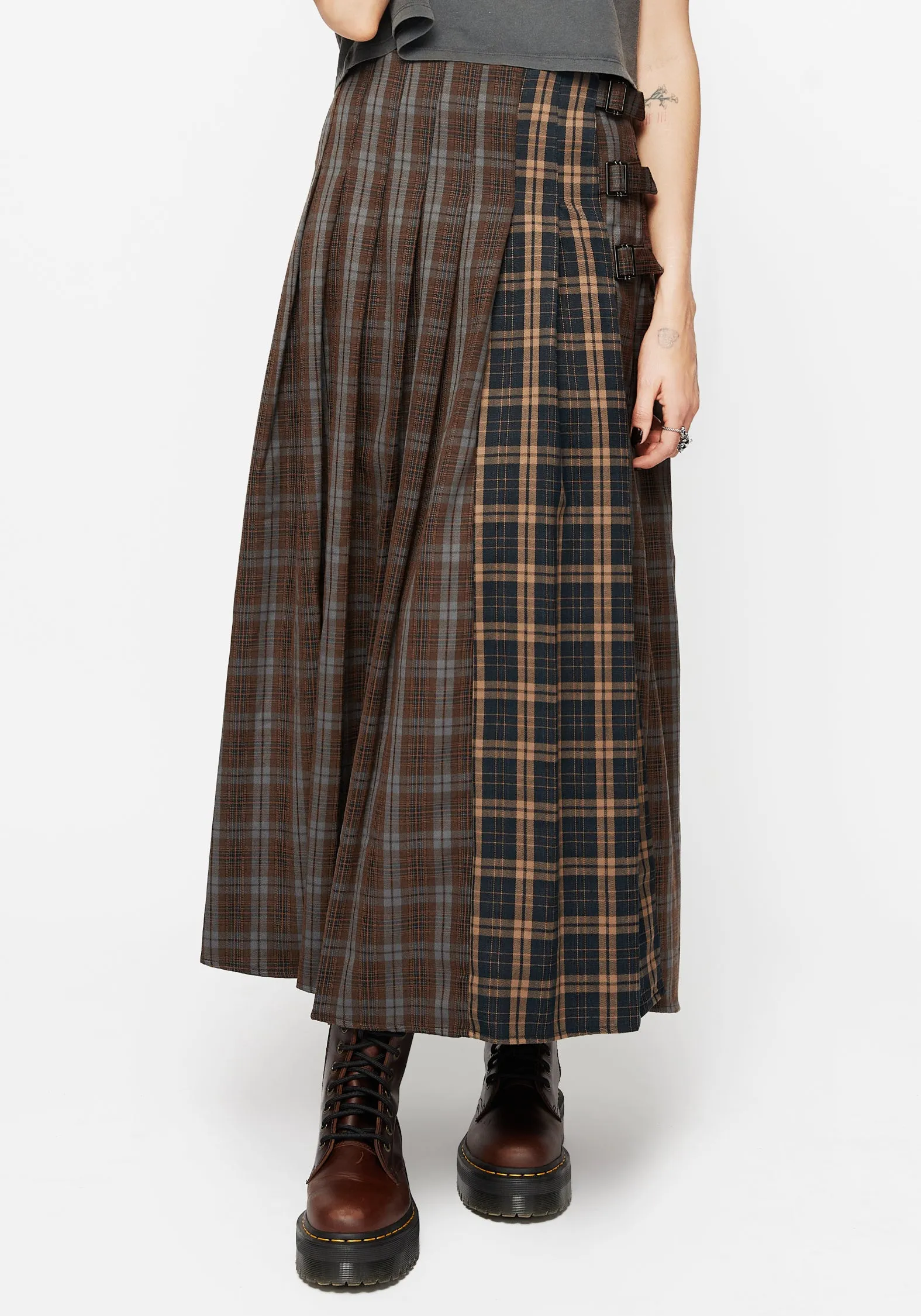 Raven Pleated Check Buckle Detail Maxi Skirt A Line Silhouette Comfort Waistline
