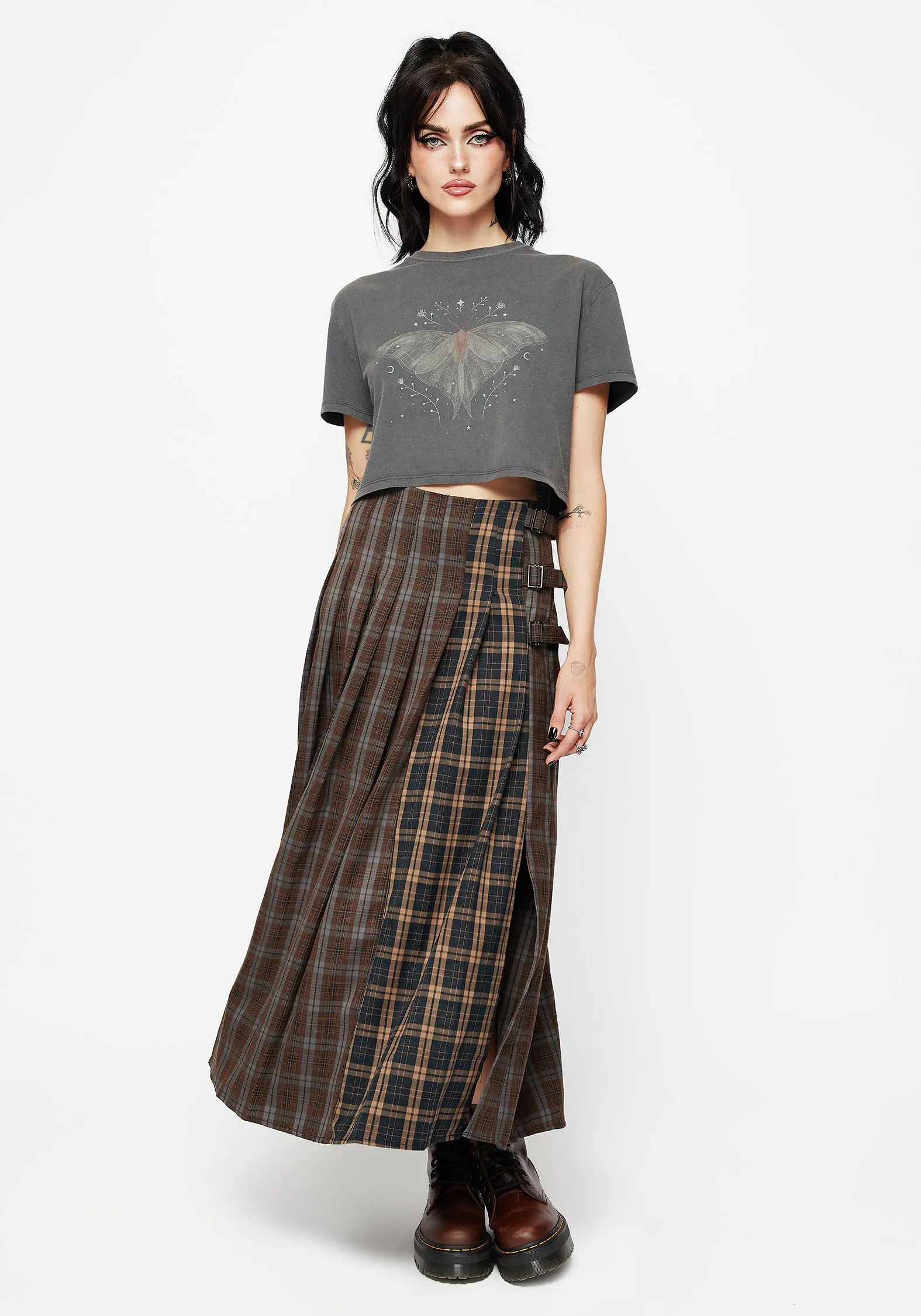 A line Raven Pleated Check Buckle Detail Maxi Skirt