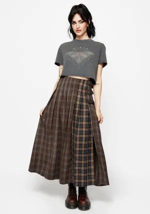 Sporty Casual Raven Pleated Check Buckle Detail Maxi Skirt