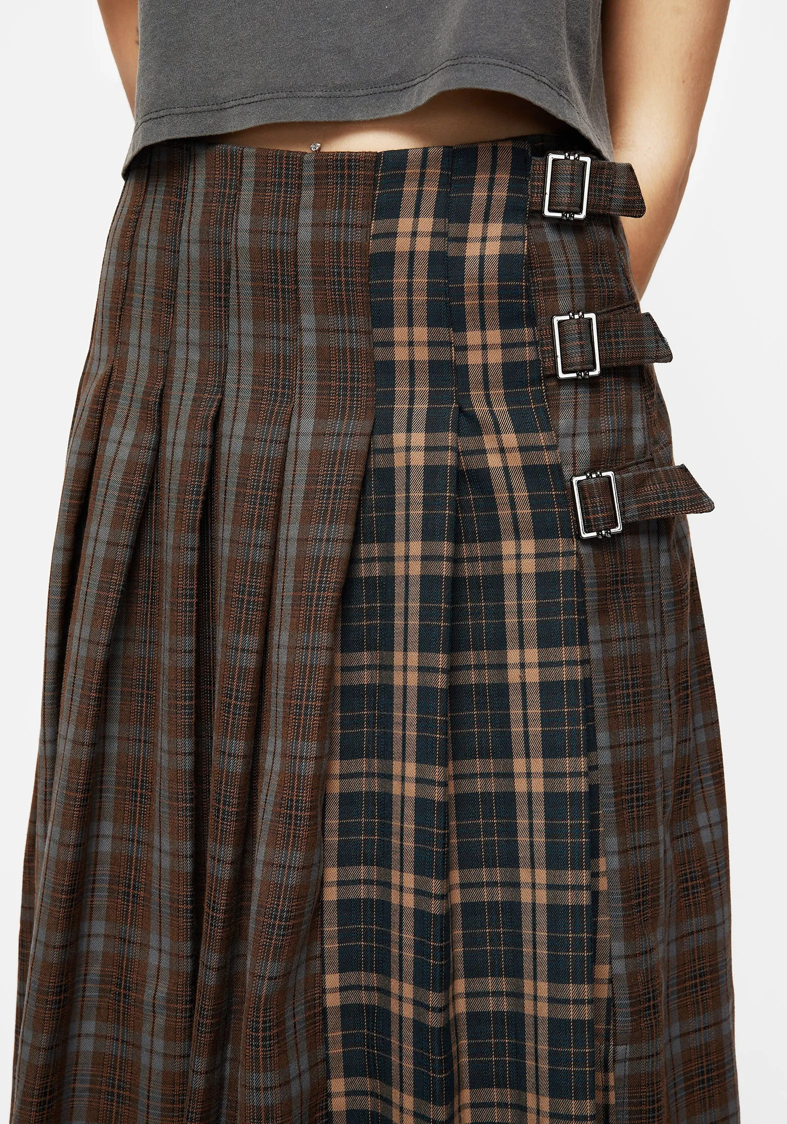 Raven Pleated Check Buckle Detail Maxi Skirt Luxury Trim Effortless Feel