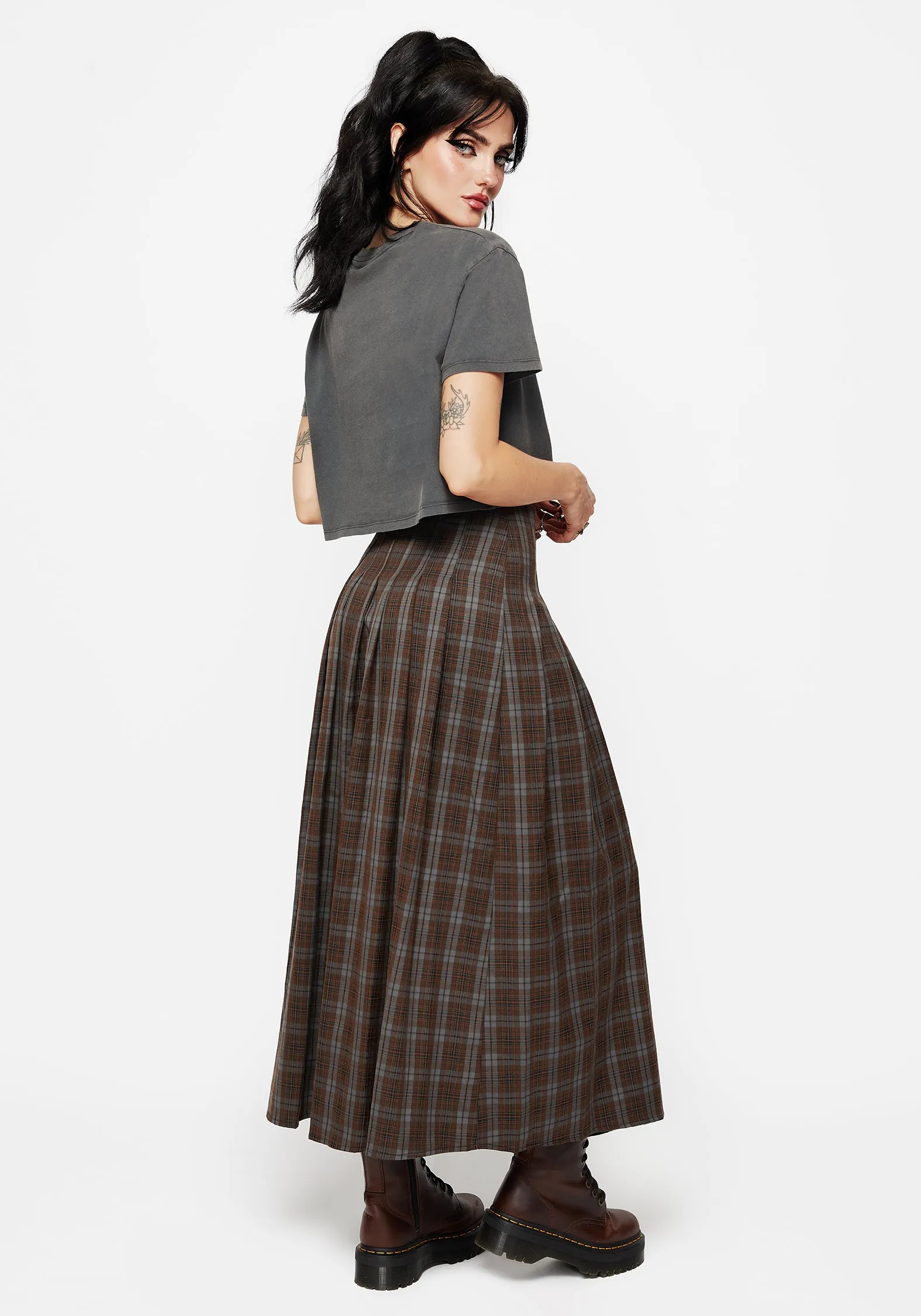 Fresh Vibe Raven Pleated Check Buckle Detail Maxi Skirt