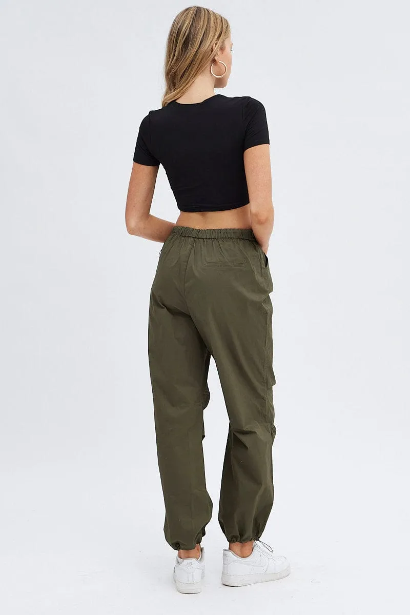 Green Parachute Cargo Pants Low Rise Durable Seam Construction Modular Pocket System