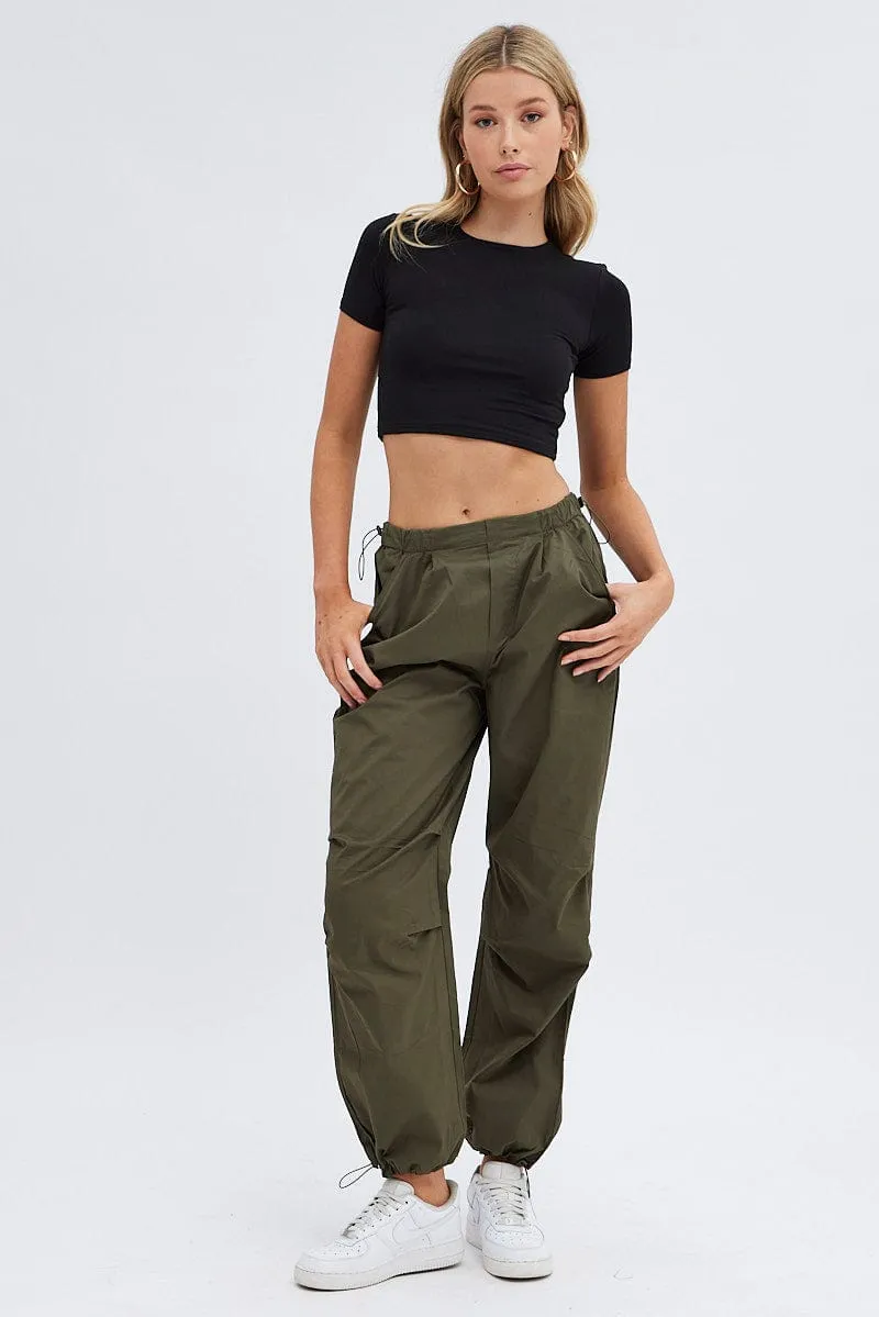Green Parachute Cargo Pants Low Rise Form Fitting