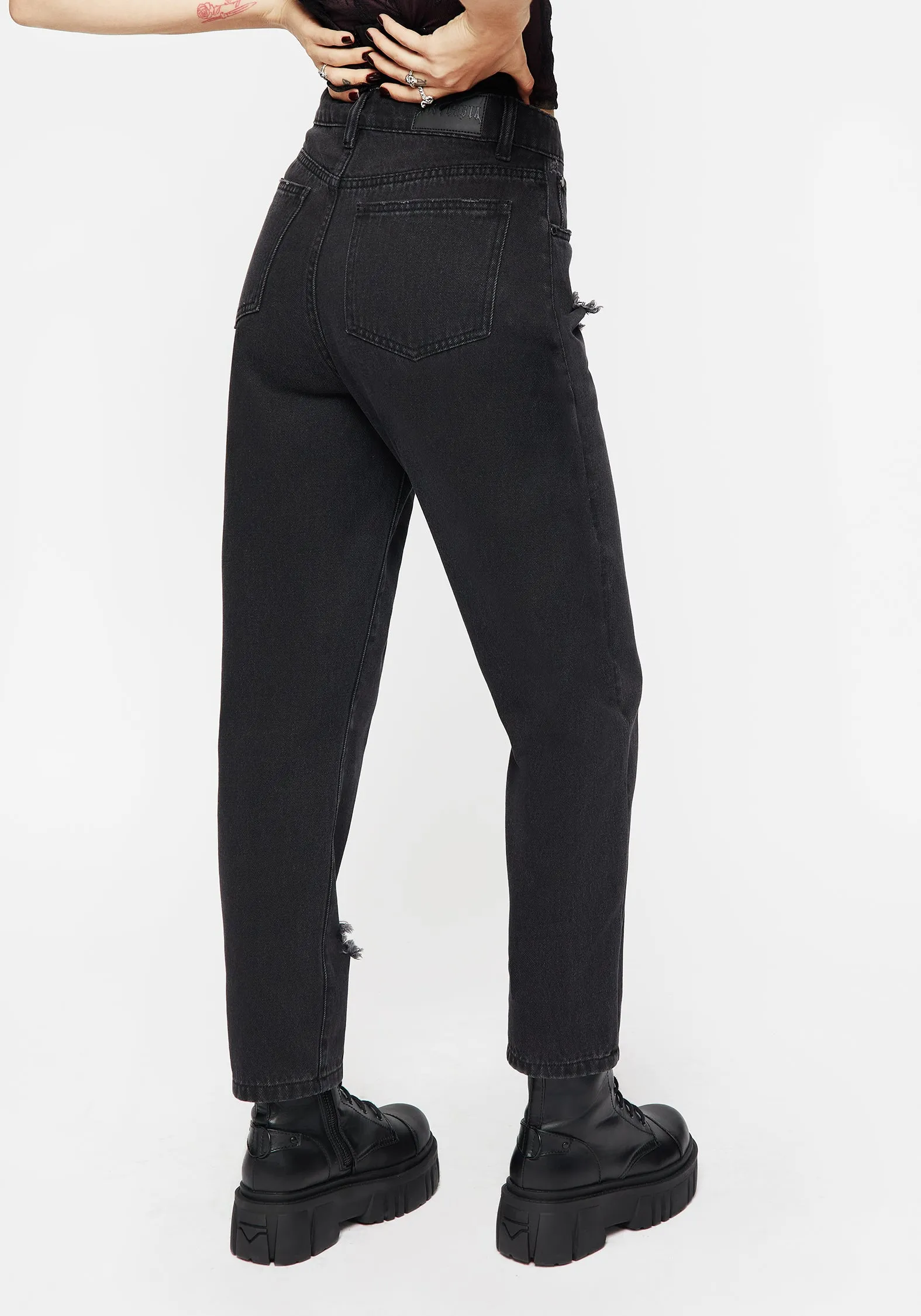 Nirah Embroidered Distressed Mom Jeans Modern Minimalist Rainy Day