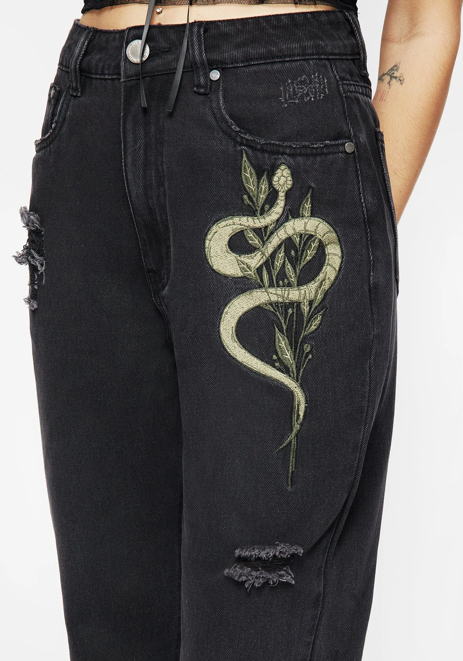 High Rise Nirah Embroidered Distressed Mom Jeans