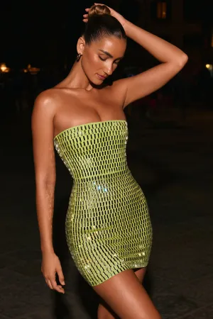 Edge Soft Embellished Bandeau Mini Dress in Pear Green
