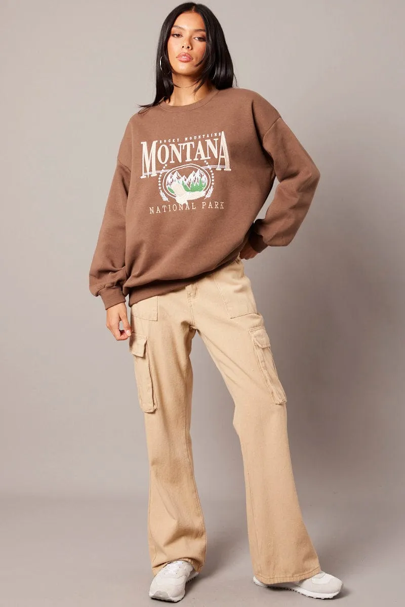 Brown Graphic Sweater Long Sleeve Modern Minimal