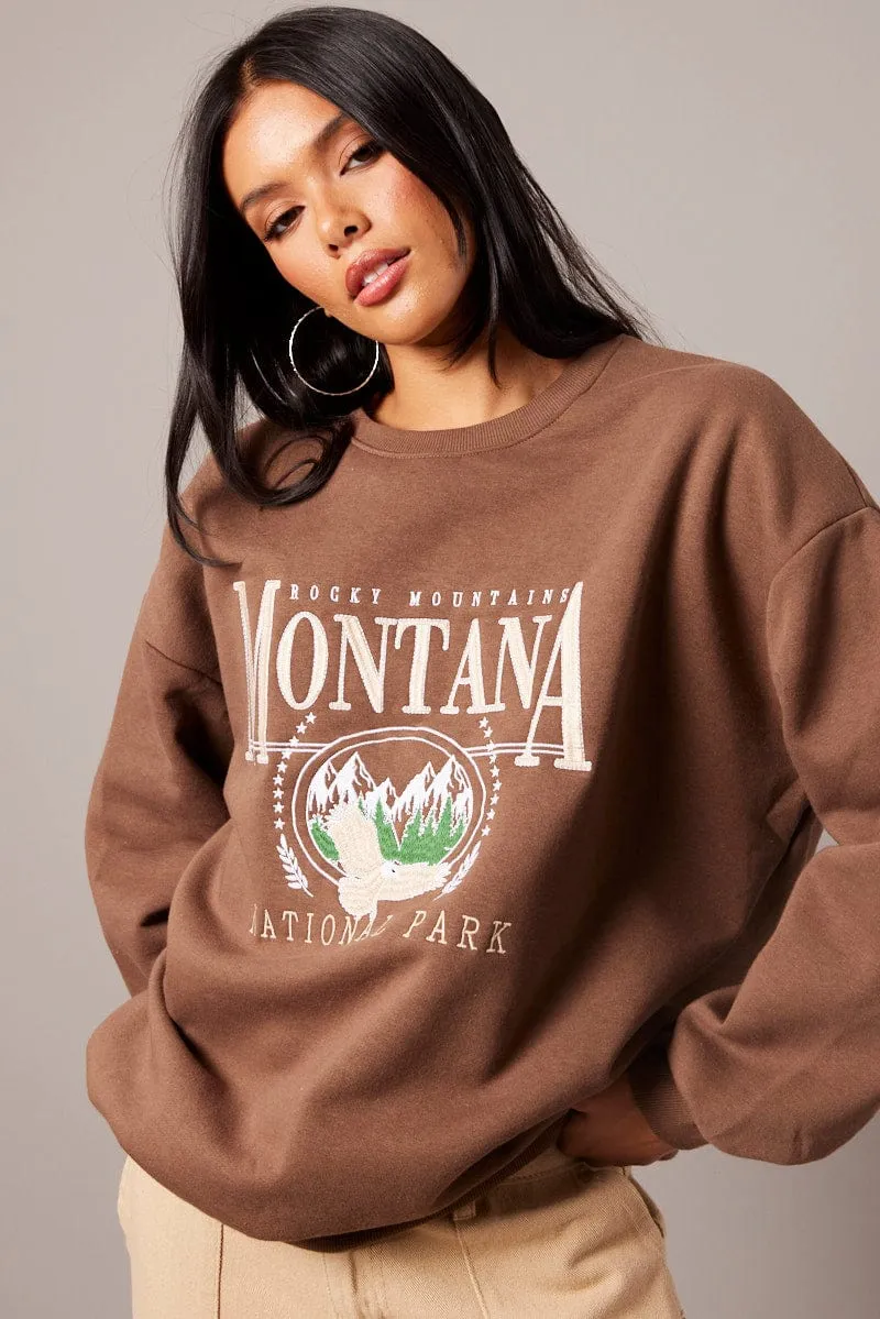 Tall Length Brown Graphic Sweater Long Sleeve