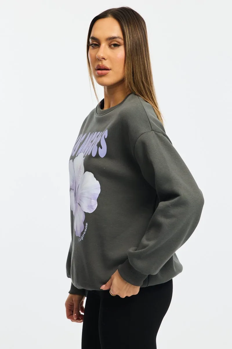 Grey Graphic Sweater Long Sleeve ribbon accents Fashion Flex