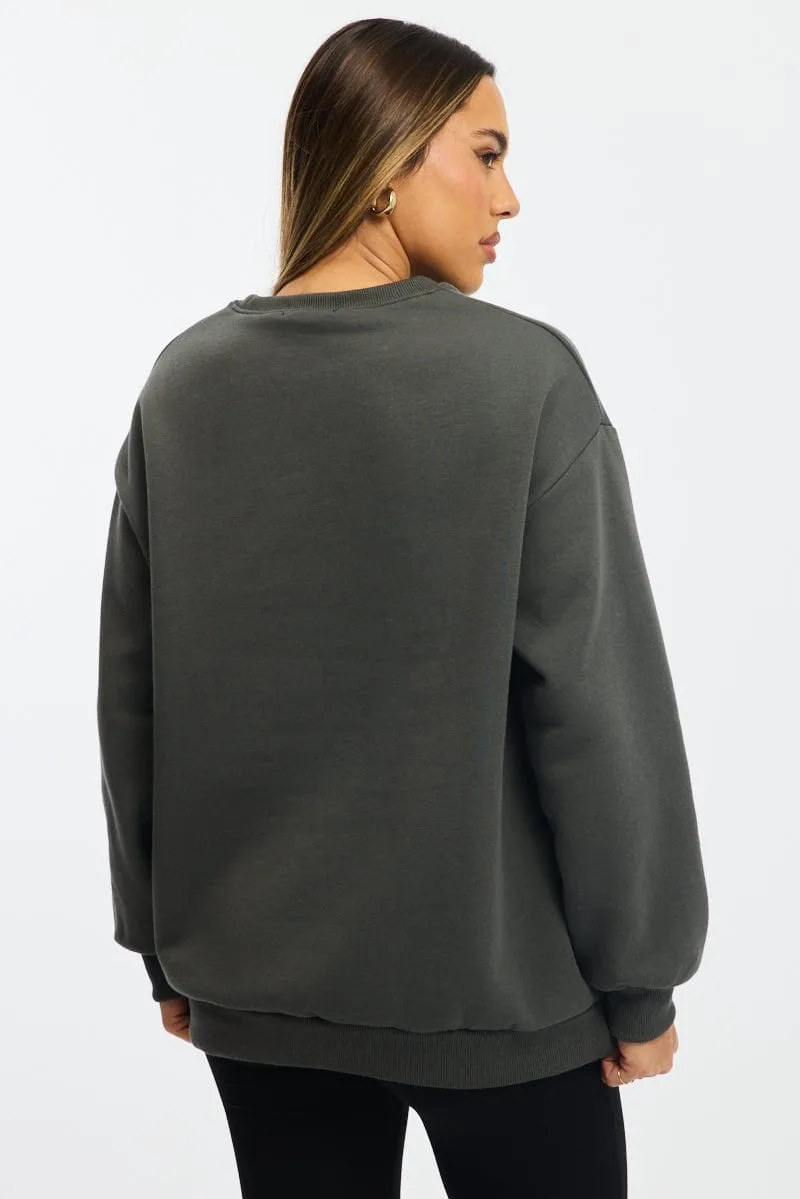 Festival wear Casual Basics Grey Graphic Sweater Long Sleeve