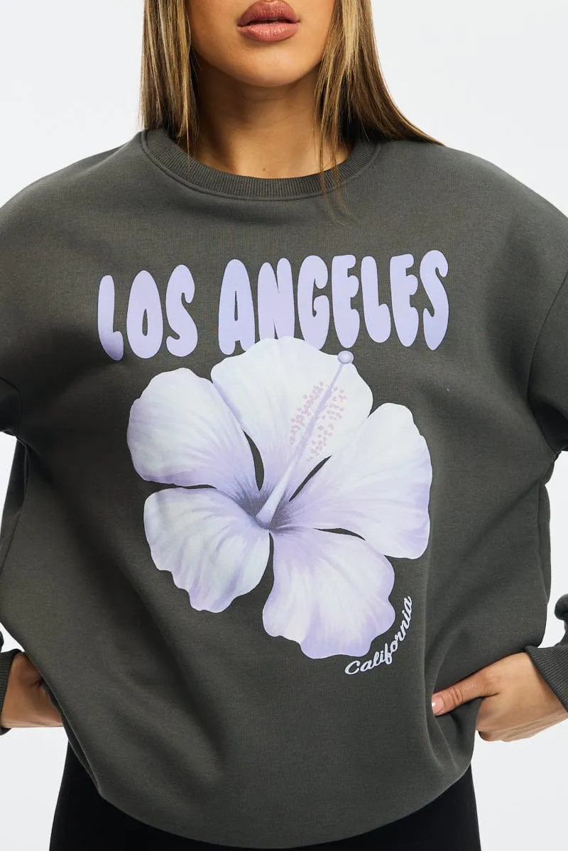 Grey Graphic Sweater Long Sleeve color trend