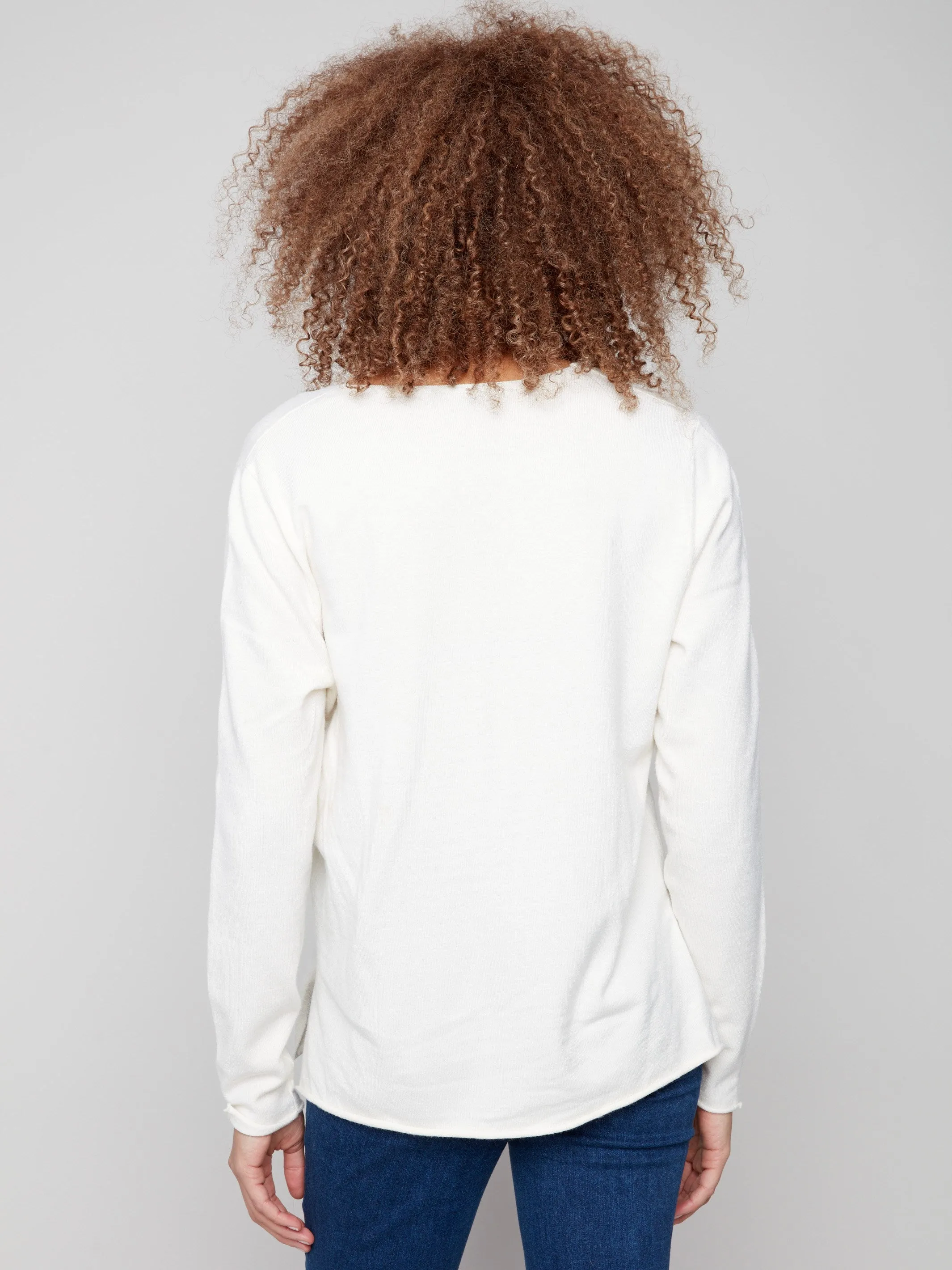Reinforced Shoulder Design Basic V-Neck Sweater - Ecru