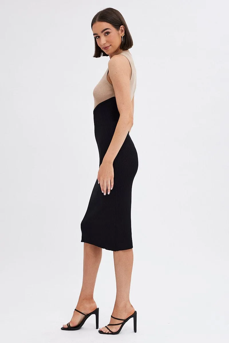 Taxi Line City Mood Black Midi Dress Round Neck Colour Blocked Knit