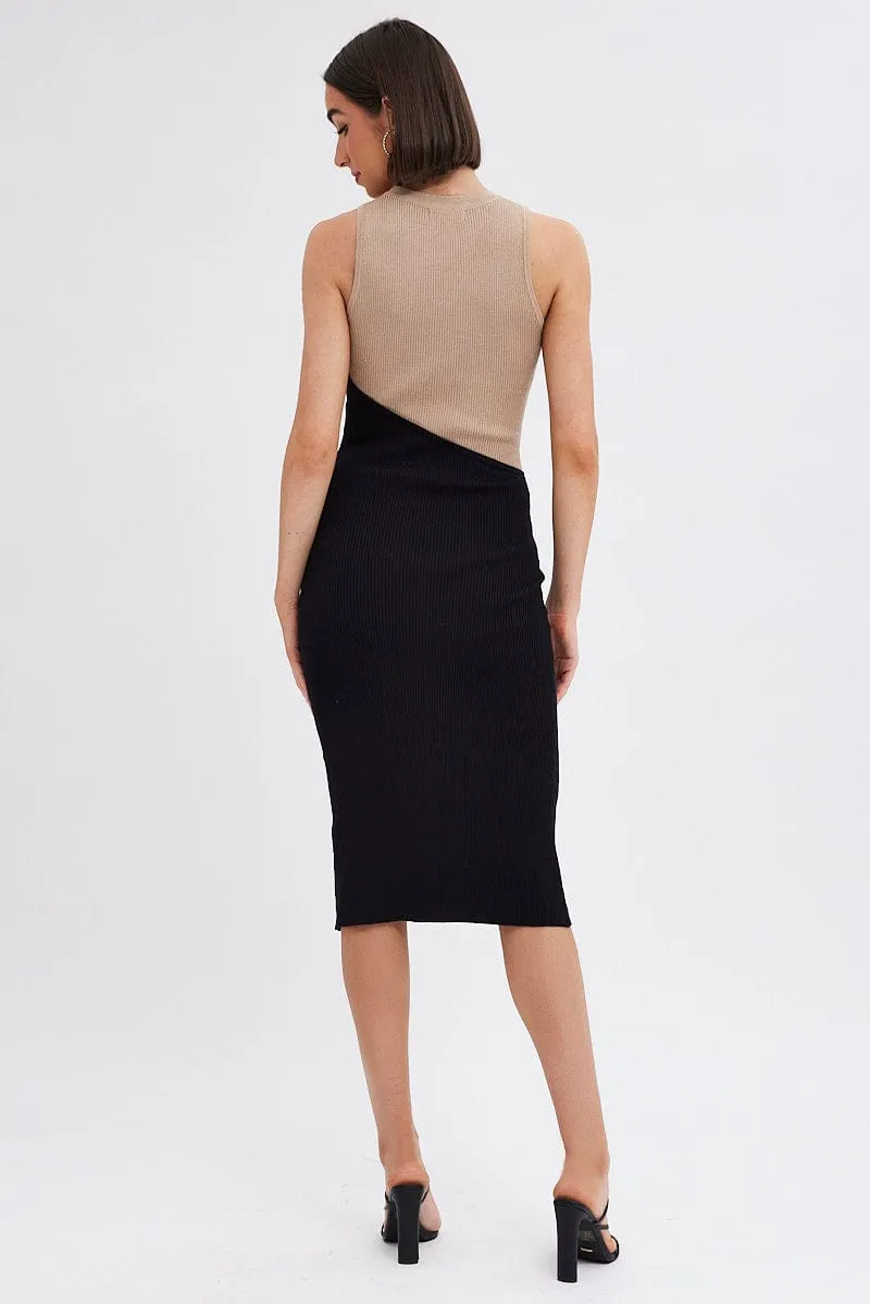 Versatile Wardrobe Smart and Stylish Black Midi Dress Round Neck Colour Blocked Knit