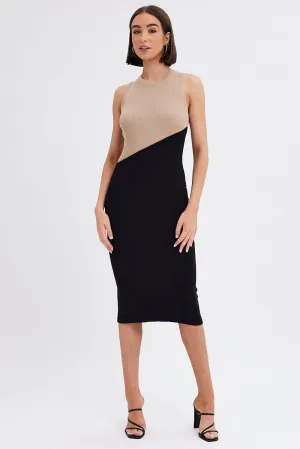 Sunset Glow Layering friendly Black Midi Dress Round Neck Colour Blocked Knit