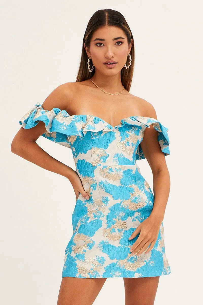 Storm Sky Print Volume Off Shoulder Jacquard Mini Dress