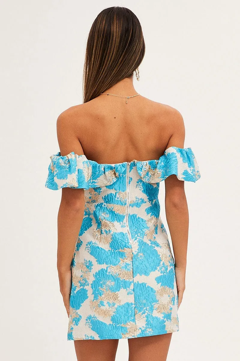 Print Volume Off Shoulder Jacquard Mini Dress Star Light Pearl Soft