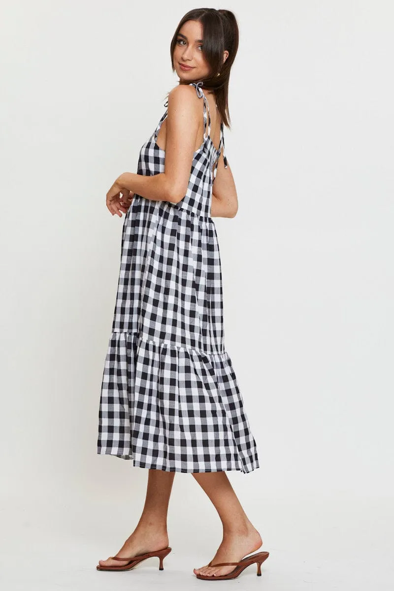 Check Midi Dress Sleeveless Tie Shoulder Walk Friendly