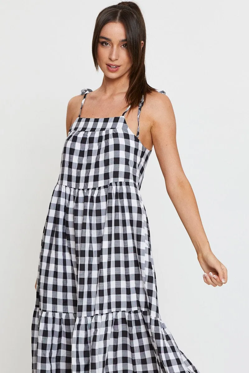 Check Midi Dress Sleeveless Tie Shoulder Classic silhouette dress Minimalist Design