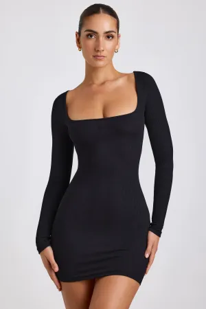 Baddie Vibe Ribbed Modal Long Sleeve Mini Dress in Black