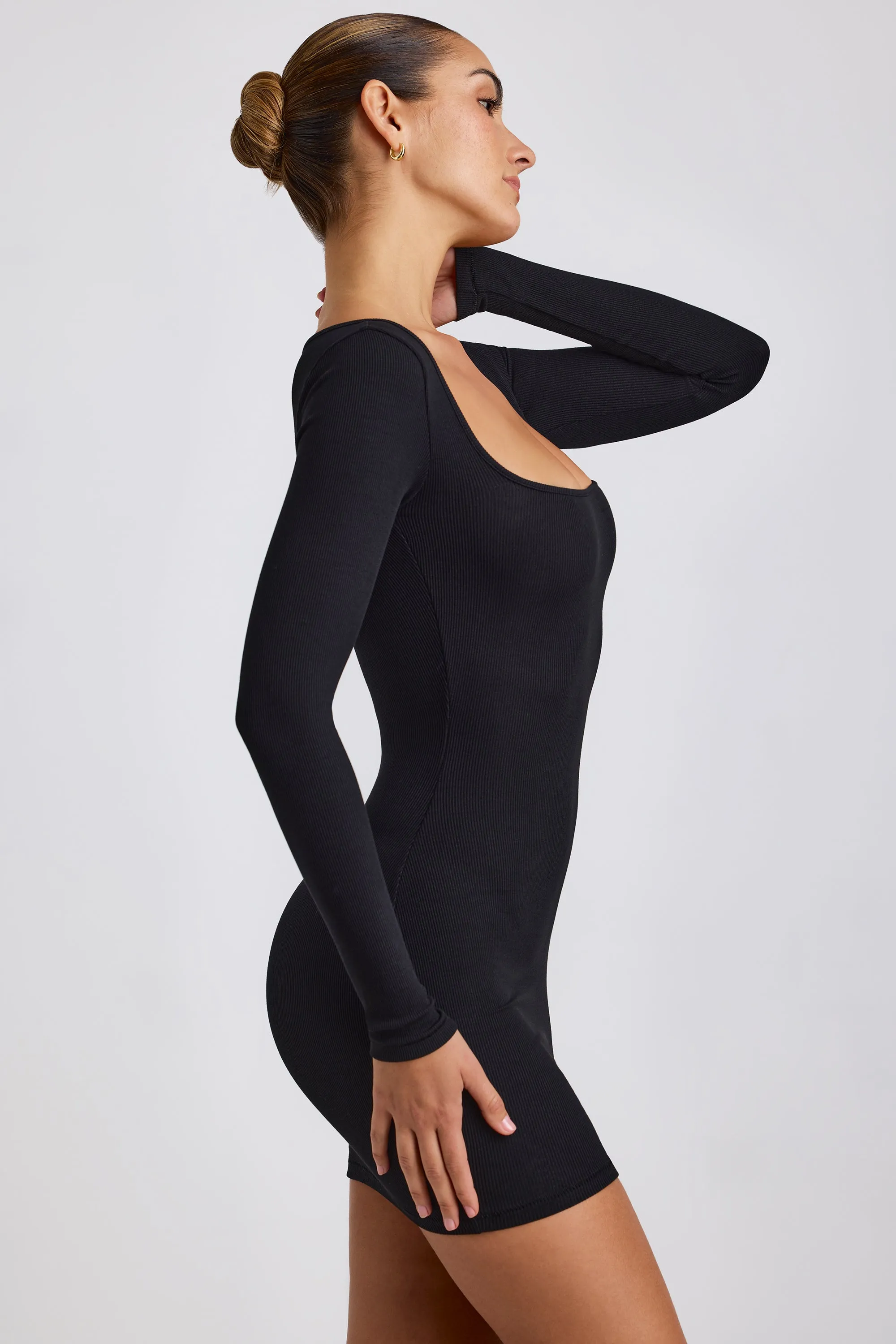 Ribbed Modal Long Sleeve Mini Dress in Black Edge Light solo wear