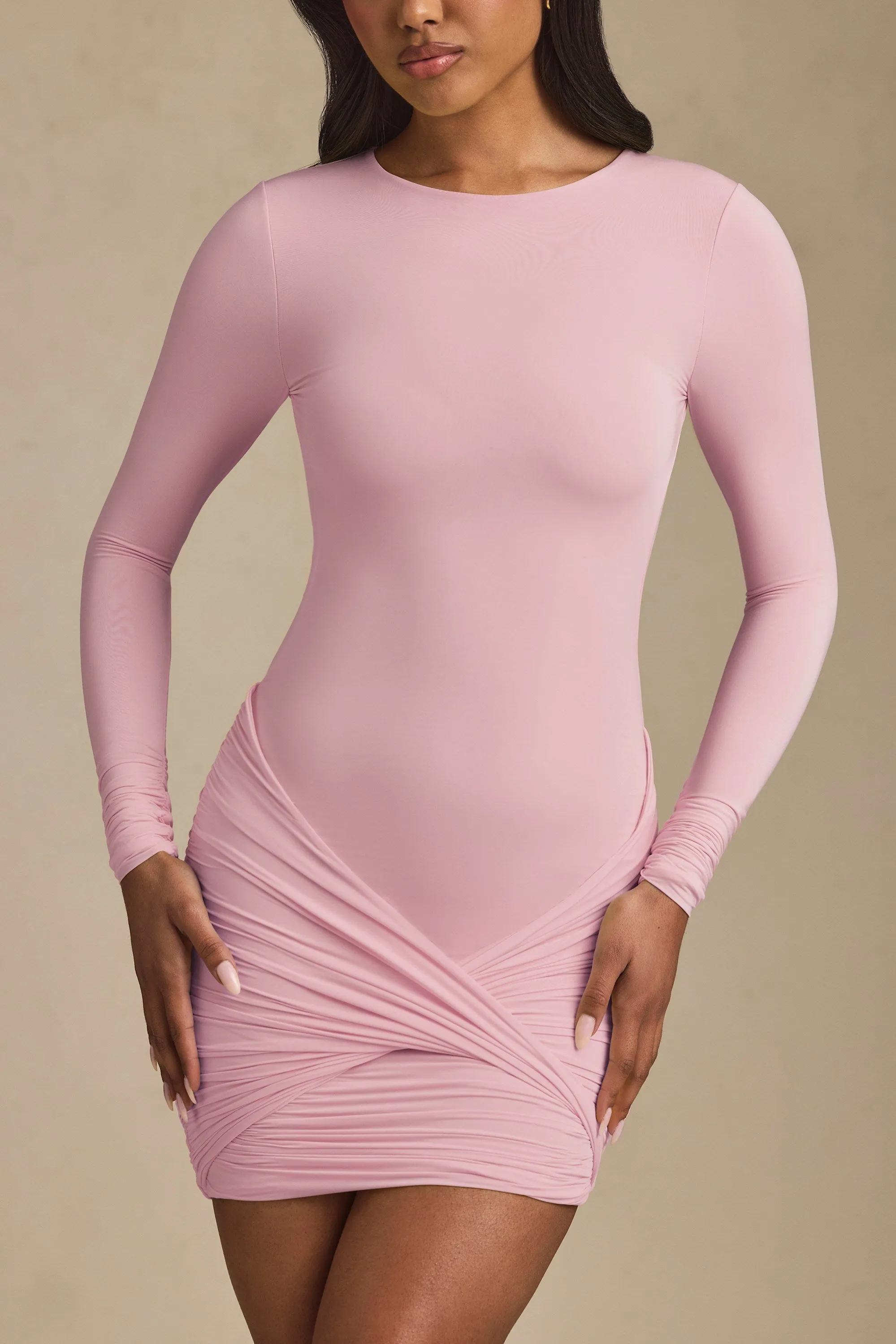 Twist-Front Ruched Backless Mini Dress in Soft Pink Cut Edge Hot Season