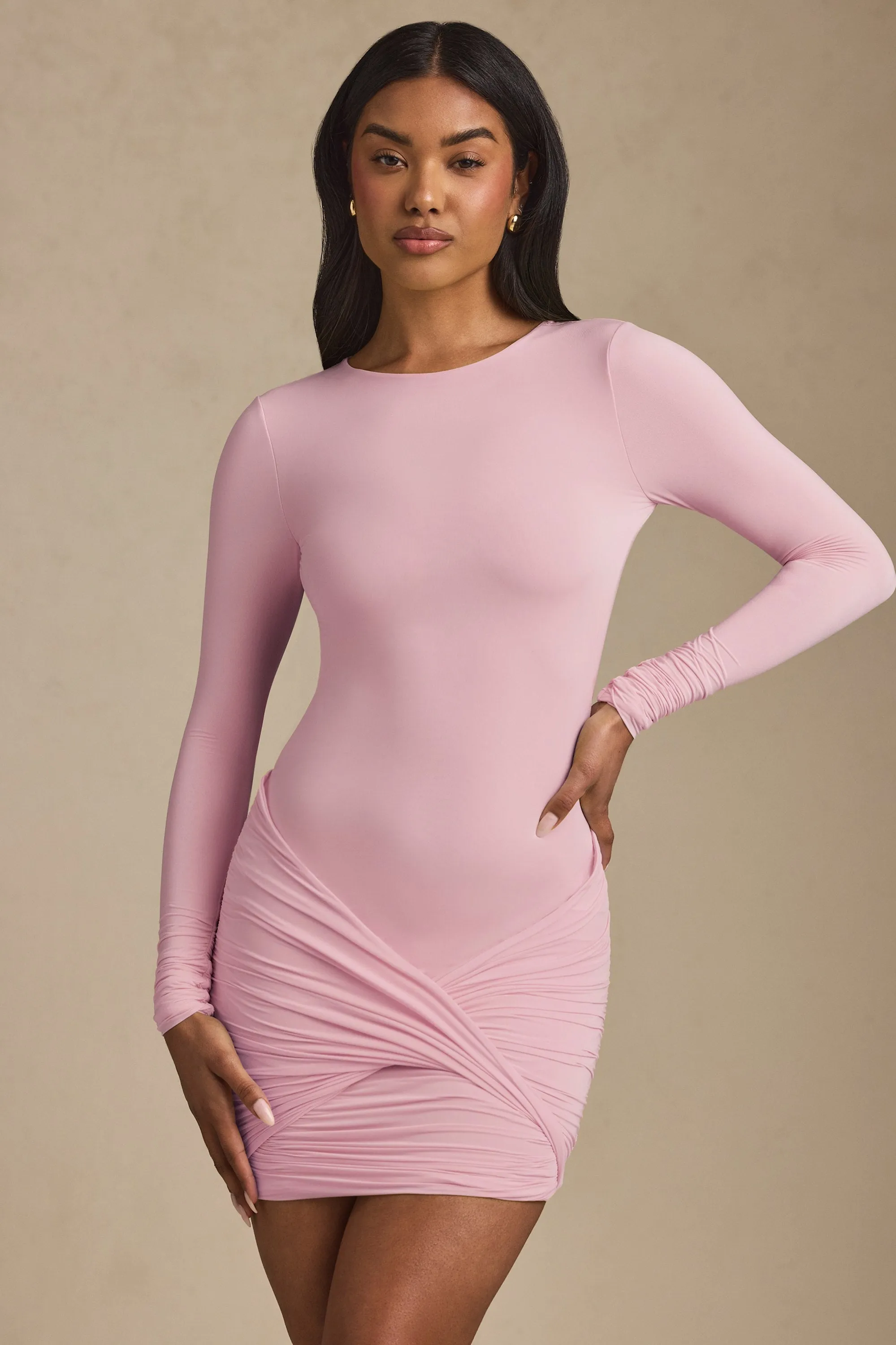 Flattering mini dress for all shapes Travel Light Twist-Front Ruched Backless Mini Dress in Soft Pink