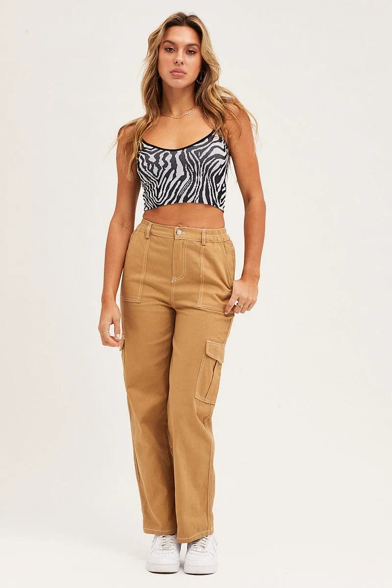 Beige Cargo Pants Out Pocket HighRiseWaistband