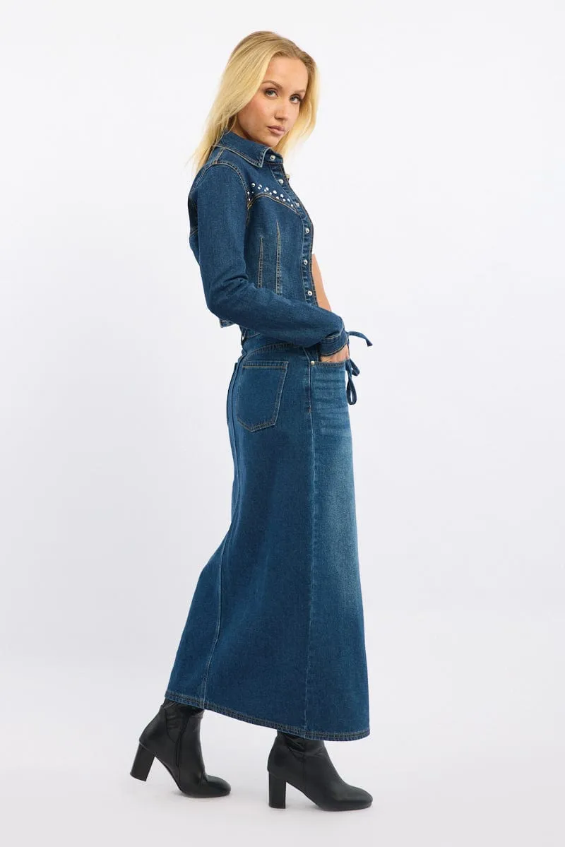 Denim Maxi Skirt Mid Rise Side Split Easy Comfort