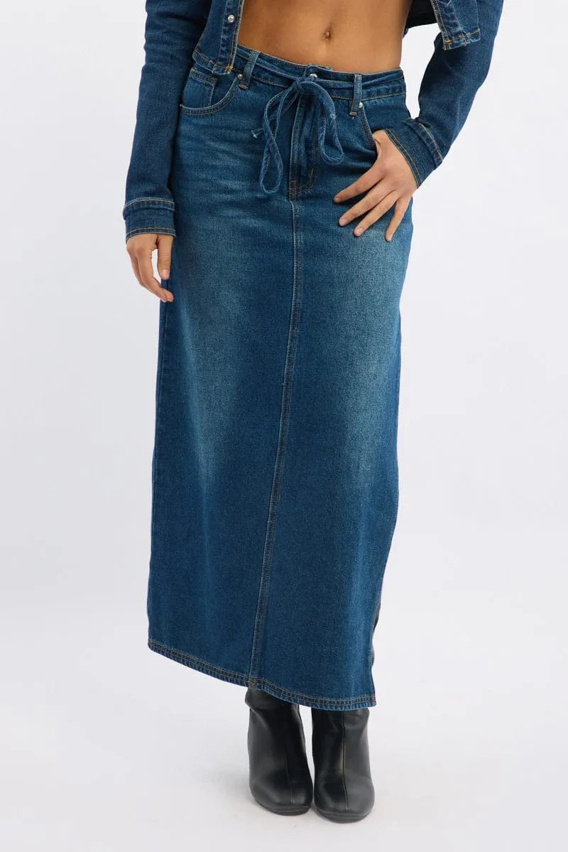 Neutral Look Denim Maxi Skirt Mid Rise Side Split