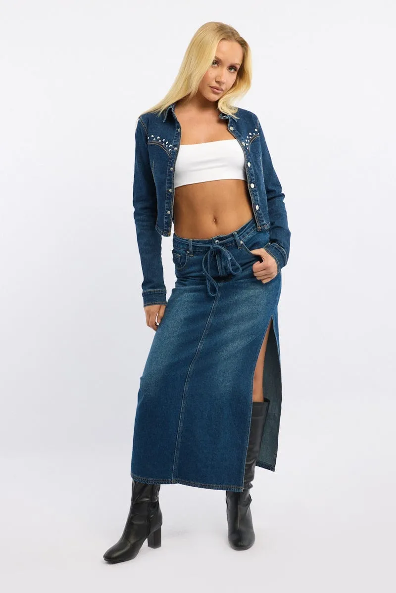 Reinforced Seams Detail Focus Denim Maxi Skirt Mid Rise Side Split