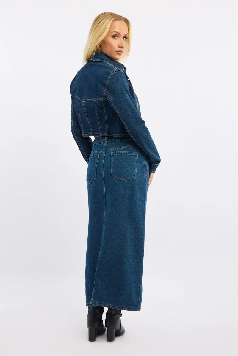 Simple looks Denim Maxi Skirt Mid Rise Side Split