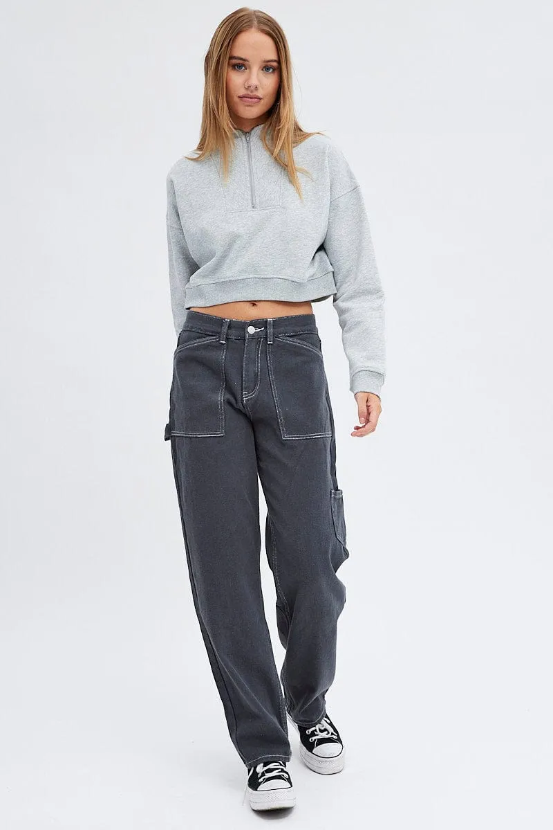 product sporty style statement Comfy Street Style Grey Sweater Crop Half Zip Long Sleeve