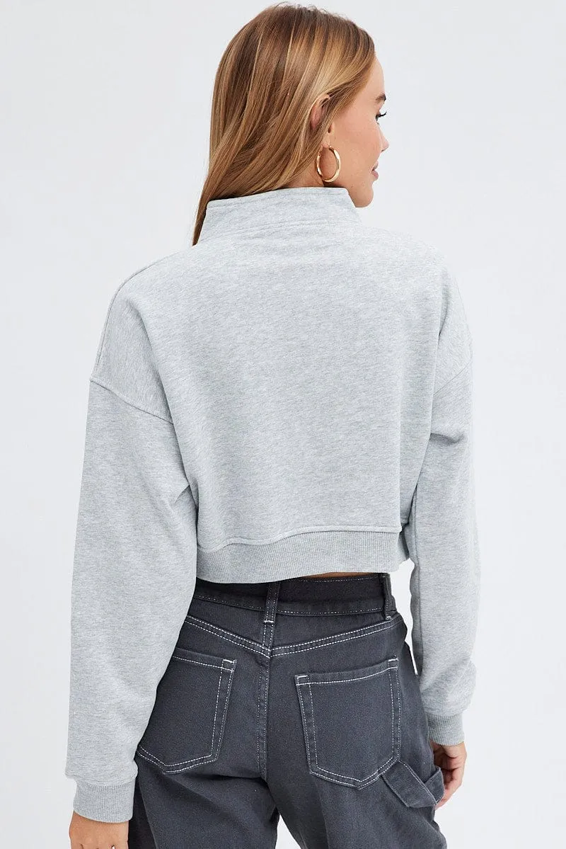 Cozy Street Autumn Wear Grey Sweater Crop Half Zip Long Sleeve
