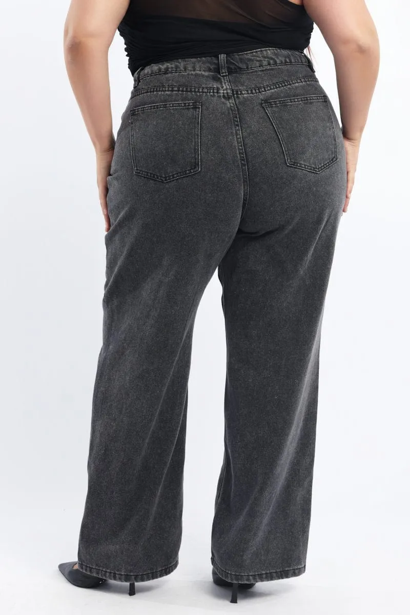 Grey Wide Leg Jeans Mid rise Minimalist Pocket Layout